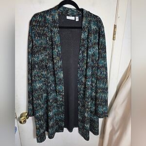 Susan Graver Printed Novelty Knit Open-Front Cardigan Mallard 2X Size Greens